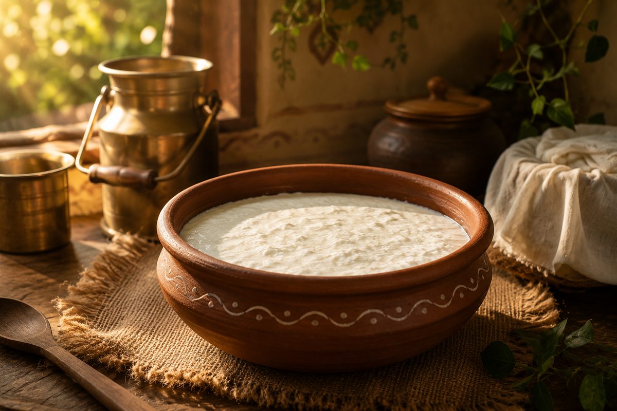 Curd set overnight in a clay bowl
