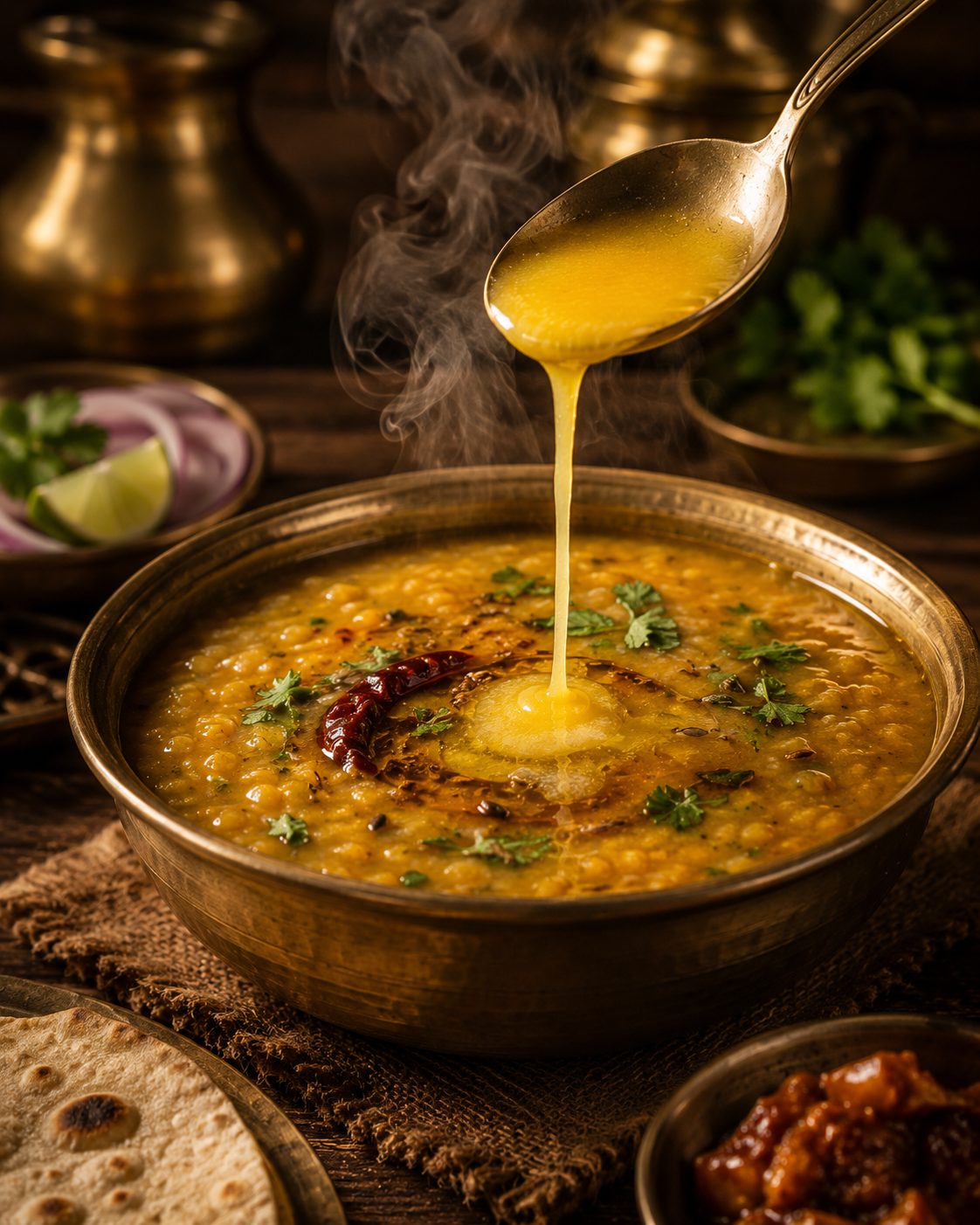 Ghee tadka poured over hot dal in a brass bowl