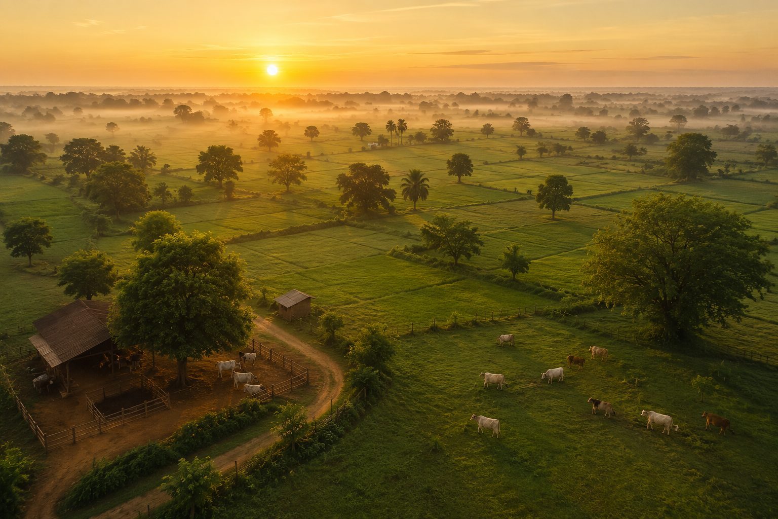 Aerial view of the farm at sunrise