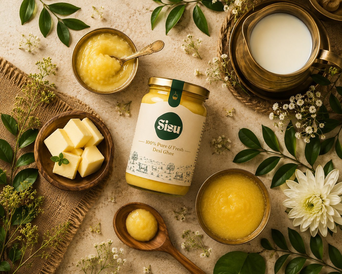 Top-down flatlay with ghee, milk and butter