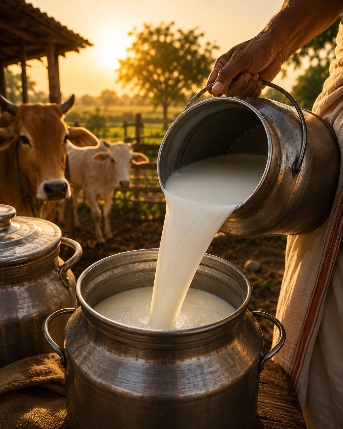 Fresh milk being poured into a milk can at sunrise