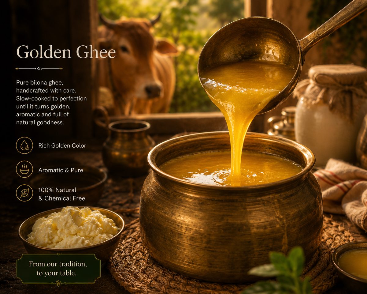 Golden ghee being poured from a brass ladle into a pot