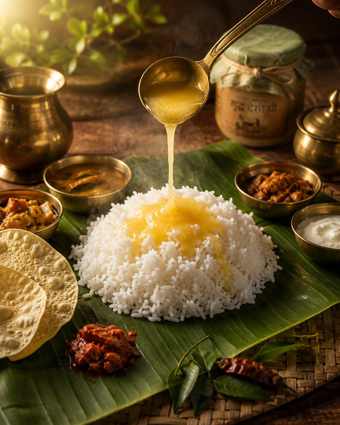 Ghee poured over steaming rice on a banana leaf
