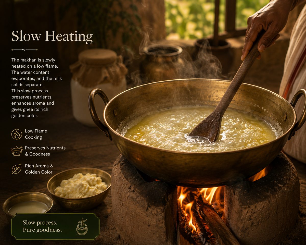 Makhan simmering slowly in a brass pot over a wood fire